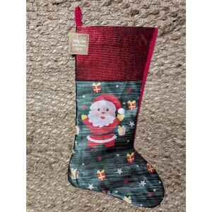 New Santa Christmas Stocking Green Red Shimmer Holiday Holly Lane 20"